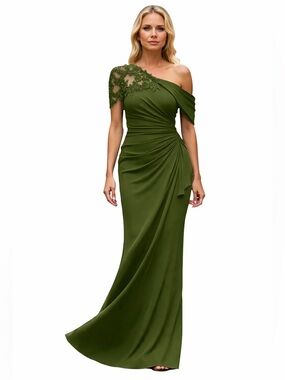 Sage Olive Green One Shoulder Chiffon Gown | Beaded Lace | Garden Wedding Dress